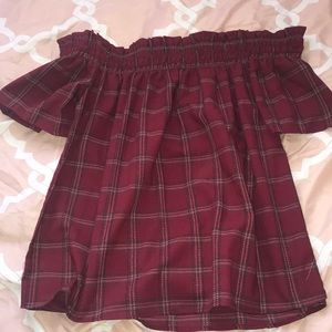 Burgundy Off The Shoulder Plaid Shirt Size L